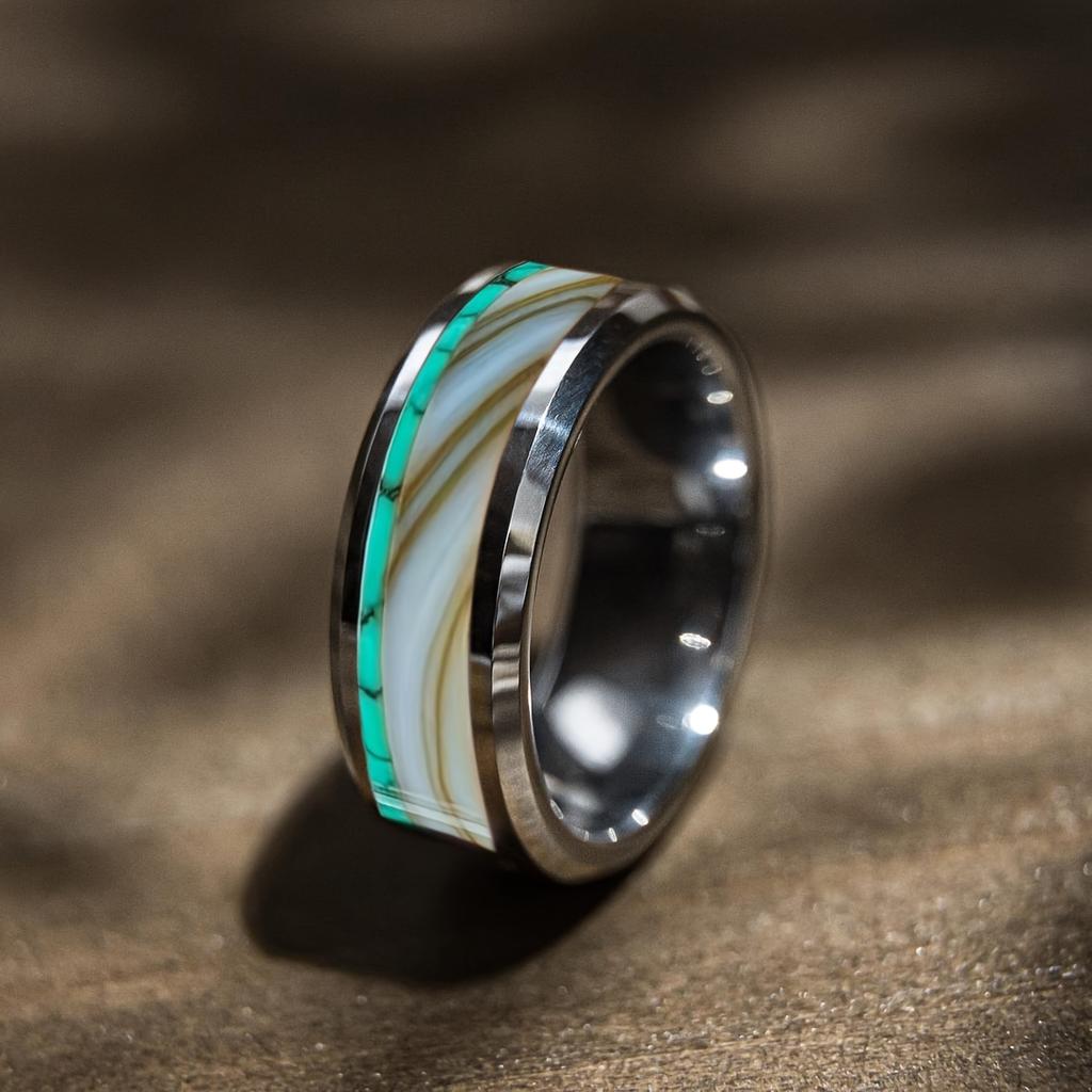 Fashion 8mm Men Stainless Steel Ring with Turquoise and Marble Stones Inlay Rings for Men Women Wedding Jewelry Drop Shipping