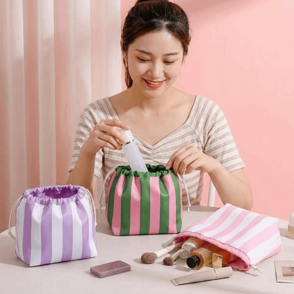 Large Capacity Drawstring Cosmetic Bag Portable Striped Cosmetic Organizer Female