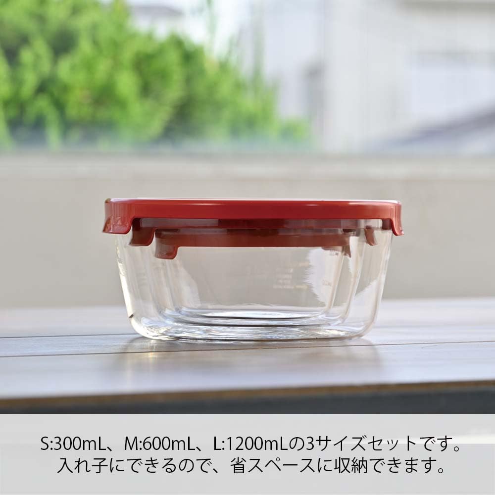 HARIO Glass Storage Dishwasher Made in Set of 3 Heat-Resistant Containers, Round, S/M/L Sizes, Red, Safe, Japan, MST-3018-R,
