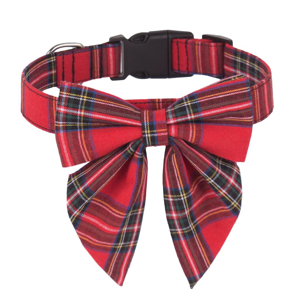 Christmas Dog Collar with Bow Adjustable Cotton Red Plaid Bowtie Dog Christmas Collars for Large Dogs Pets