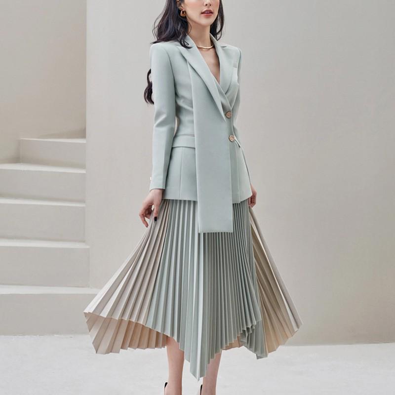 Gray-Blue Double-Breasted Jacket & Irregular Pleated Skirt Set - Autumn Color Block Fashion for Women