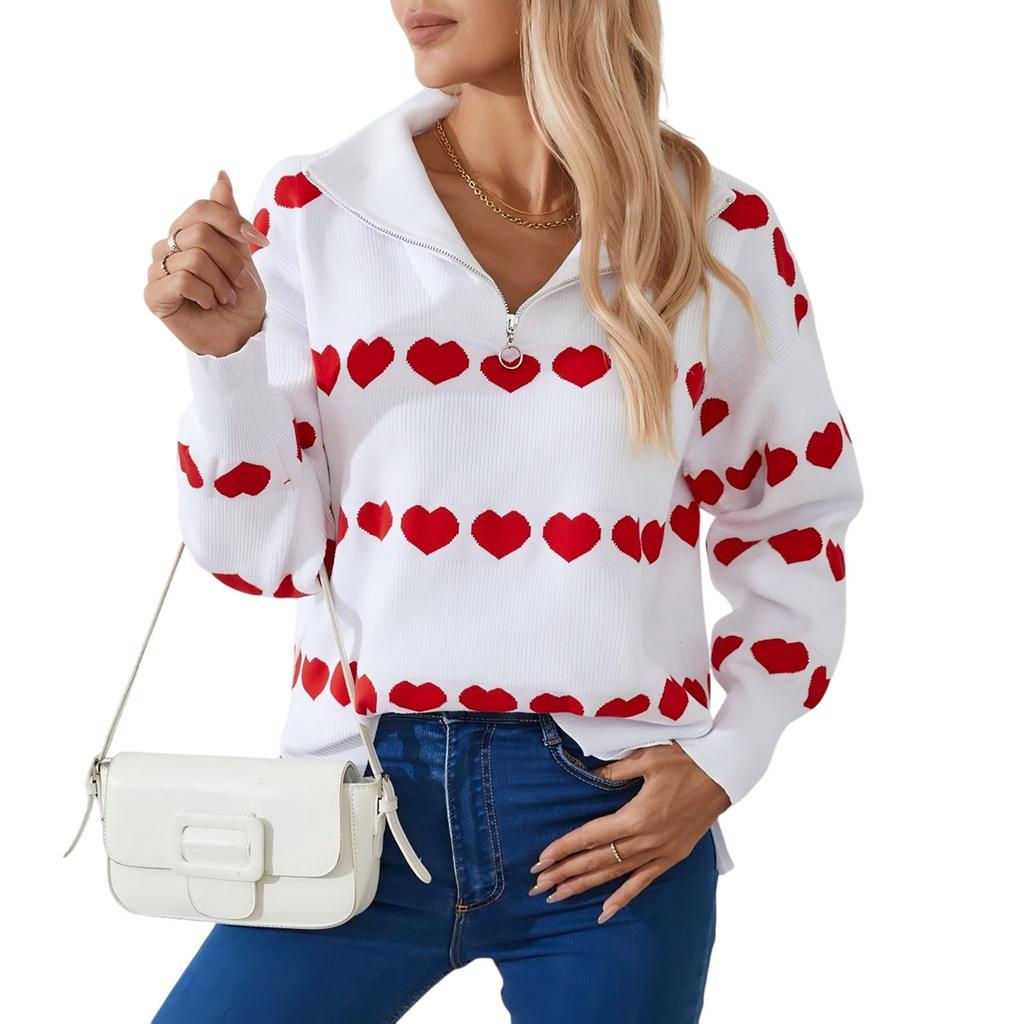 Women's Fashion Zipper Lapel Heart Contrast Color Long Sleeve Pullover Top