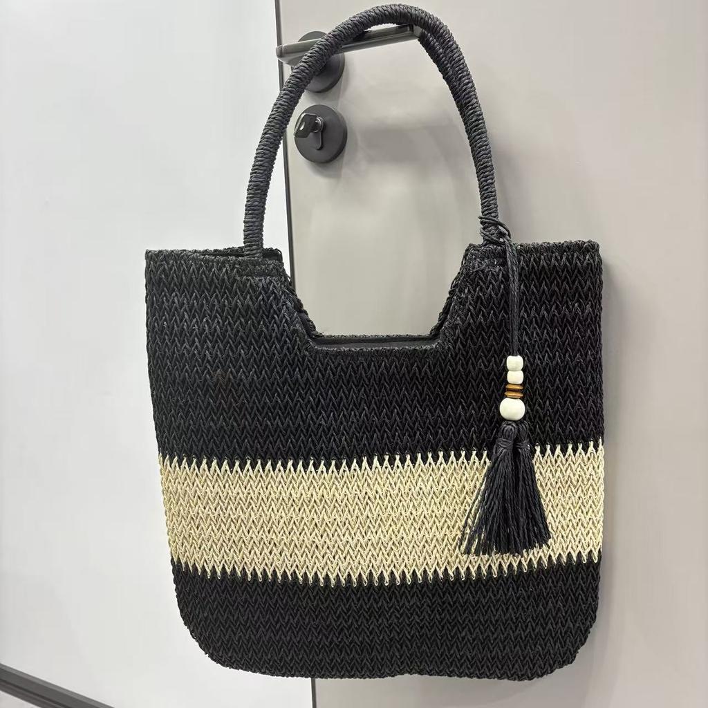 New Multi-color Grass Woven Bag, Women's Handmade Woven Bag, Large Capacity Tassel Tote Bag, Beach Vacation Bag, Women's Bag