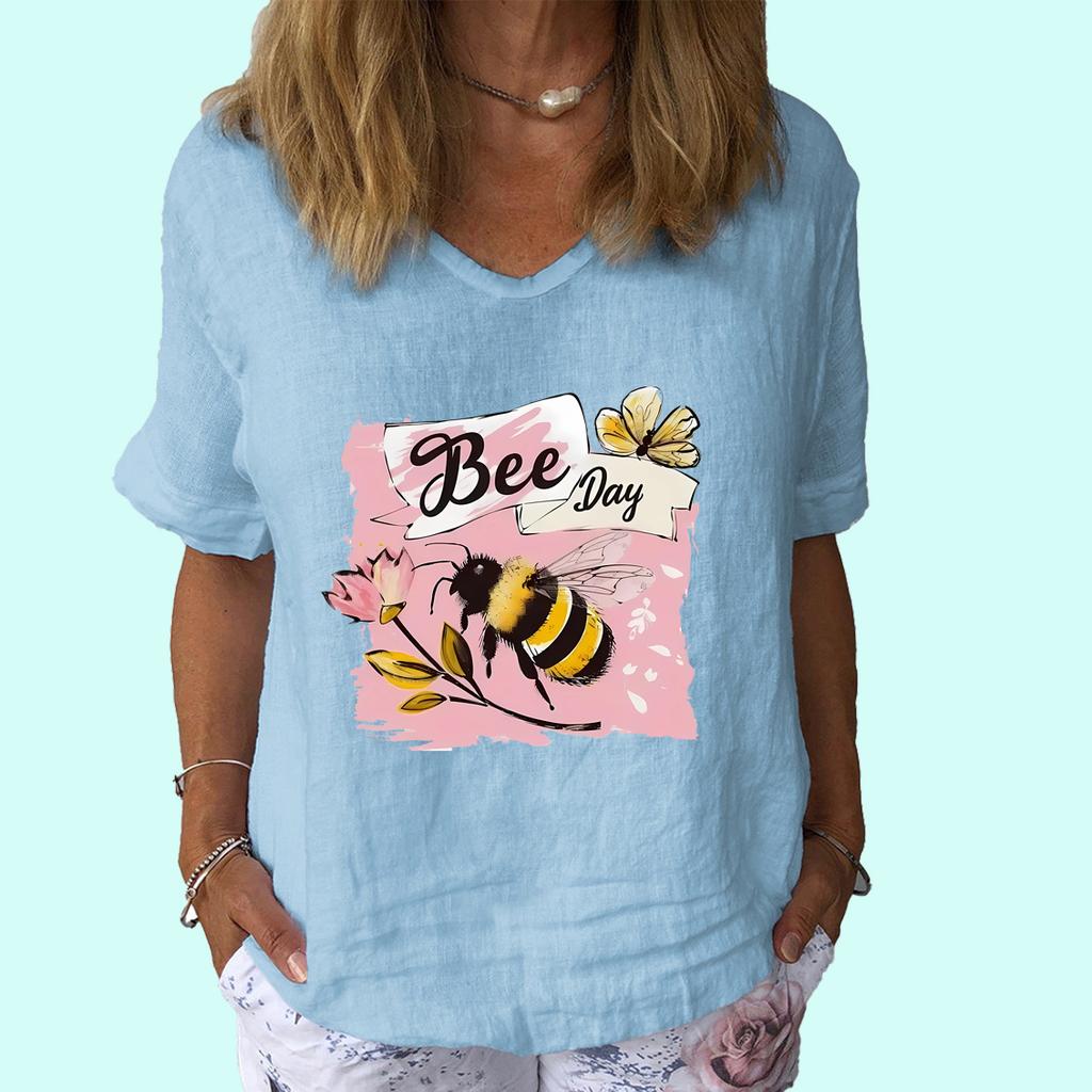 Dámská móda Top s krátkým rukávem Letní ležérní tričko s výstřihem do V Dámské potištěné bavlněné lněné tričko