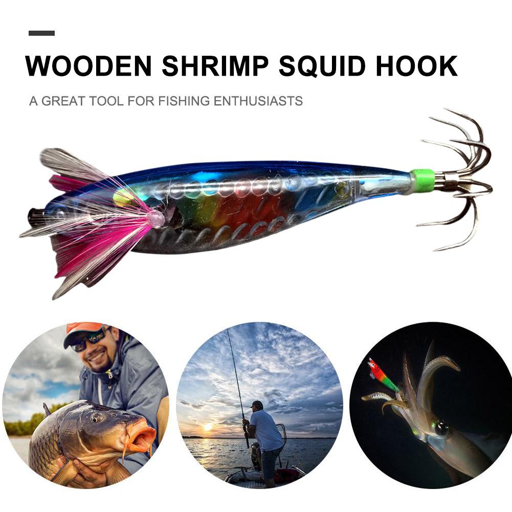 1 To 5 Pieces Wooden Shrimp Squid Hook Bionic Shrimp Jig Bait with Hook Artificial Cast Bait Fishing Gear Artificial Bait