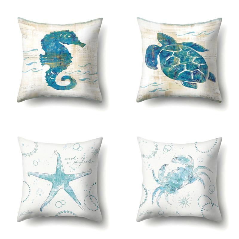 Polyester Pillowcase Peach Leather Velvet Cushion Cover Marine Life Seahorse Octopus Printed Pillow Bedside Cushion Cover