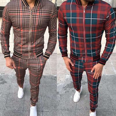 MAITA Men's Fashion Plaid Casual Suit Handsome Stand Collar Zipper Cardigan Pants Two Piece Set