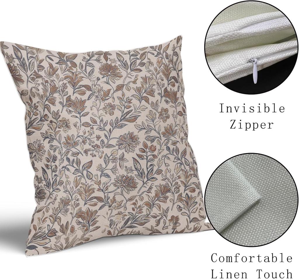 Vintage Flower Pillow Case 20x 20 Inch 2 Piece Set Brown Neutral Style Traditional Square Cushion Cover