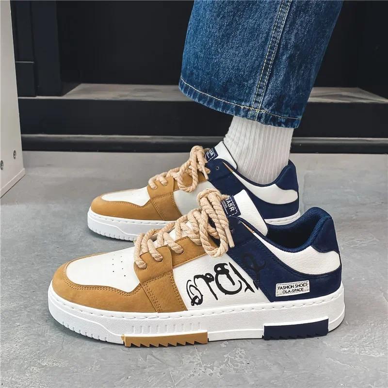 

Flat Men Casual Shoes Printing Pattern Man Sneaker Vulcanized Tennis Shoes Student White Shoes New Weaving Lace-up Mens Trainers 44