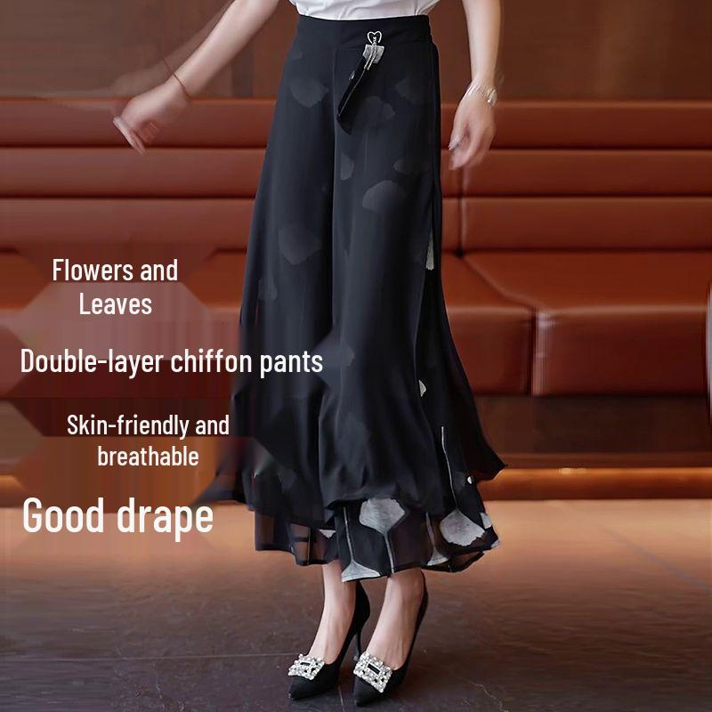 Women's Summer Chiffon Wide-Leg Culottes: High-Waisted, Split, Loose, Slimming, Nine-Tenths Length.