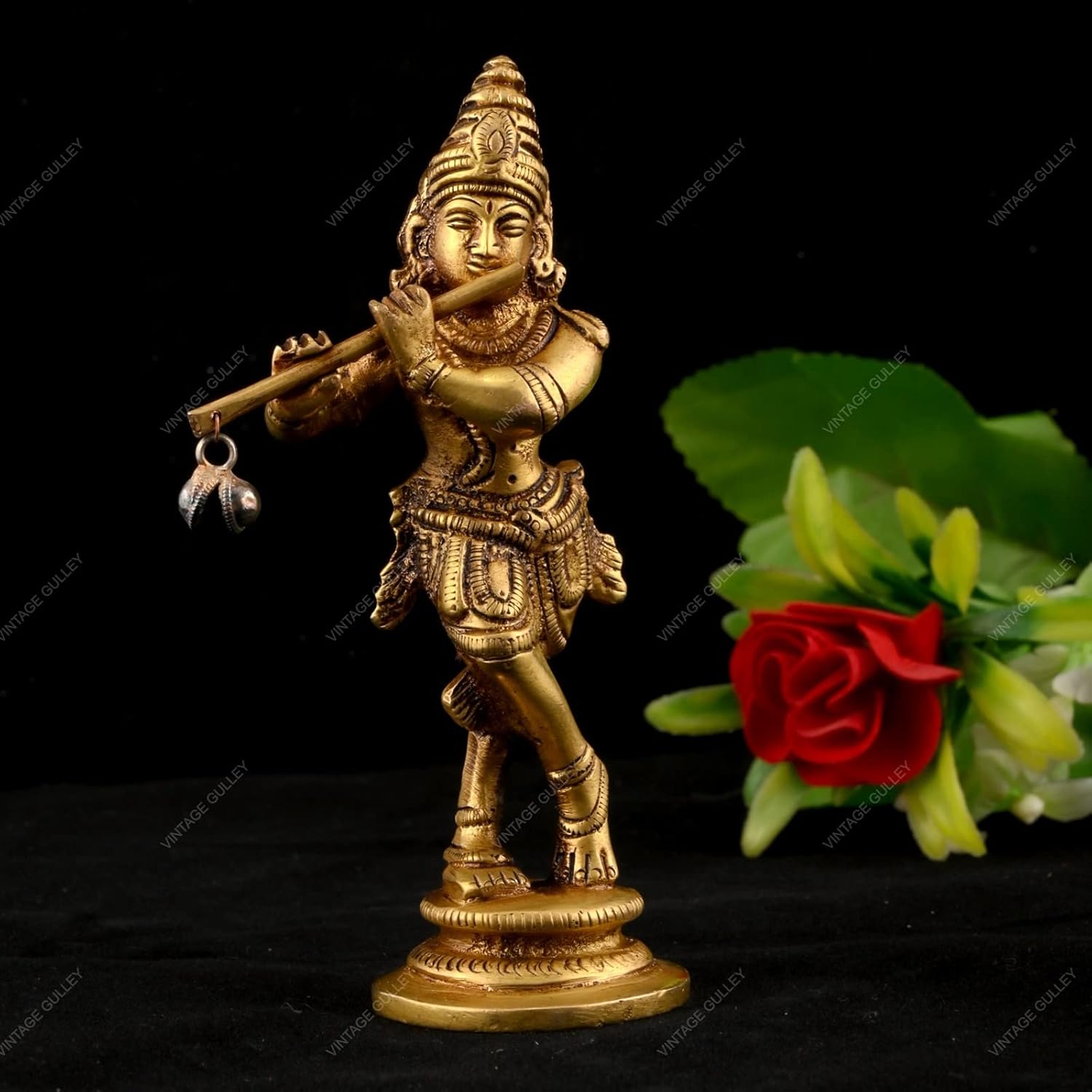Lord Krishna Idol Playing Flute Kanha Ji Brass Statue, Gold, Brass, Size - Small