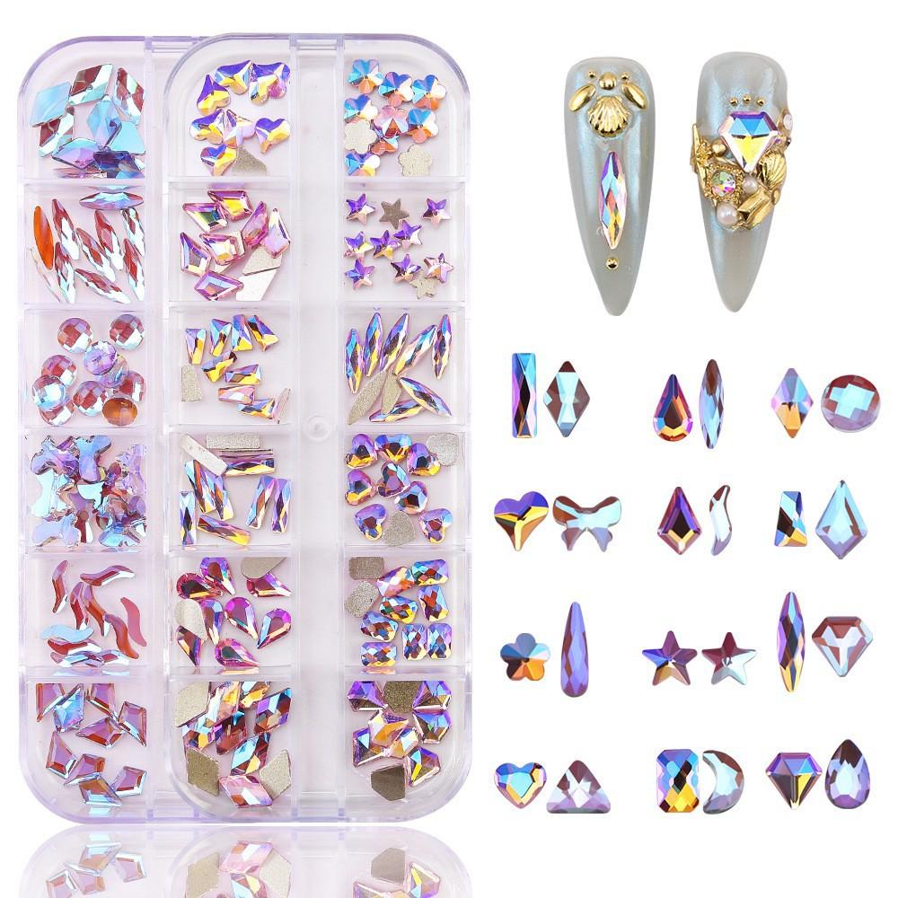 Nail Art Jewelry 12-Grid Boxed Nail Art Flat Bottom Diamond Rhinestone Special-Shaped Diamond Glass Nail Art Diamond Set Round Diamond Nail Diamond