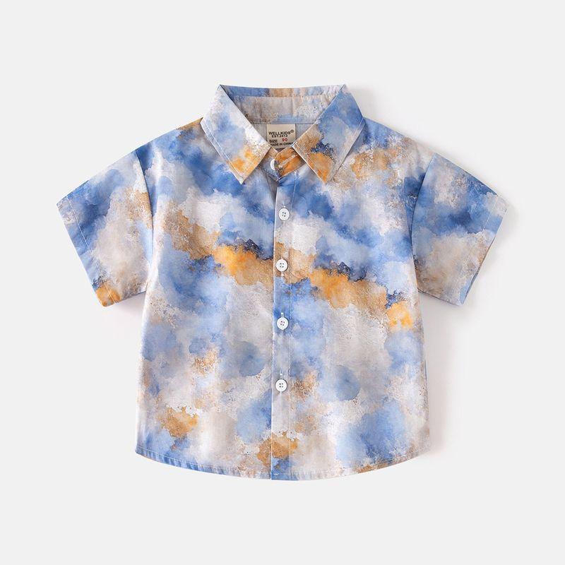 Children s Short-Sleeved Floral Shirt, Lightweight Summer Boys  Hong Kong Style Top, Baby Boy s Collared Shirt, Vacation Seaside Children s Clothing Splashing Ink Light and Shadow 130