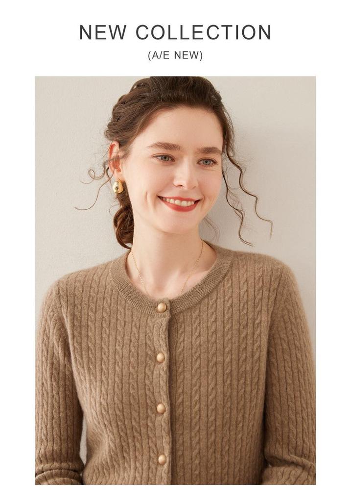 Women's Cashmere Long Sleeve Round Neck Cardigan Sweater - Autumn/Winter Cable Knit Wool Outerwear