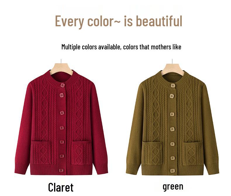 Cardigan a Maglia Rosso a Maniche Lunghe per Mamme - Elegante Maglione Autunnale per Donne di Mezza Età