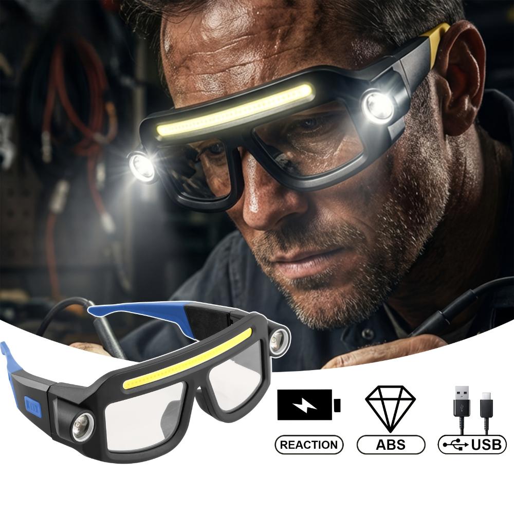 Rechargeable LED Safety Glasses with Light,Hands-free COB Headlight Goggles,Side Torch for Repair,Camping,Fishing,Night Work
