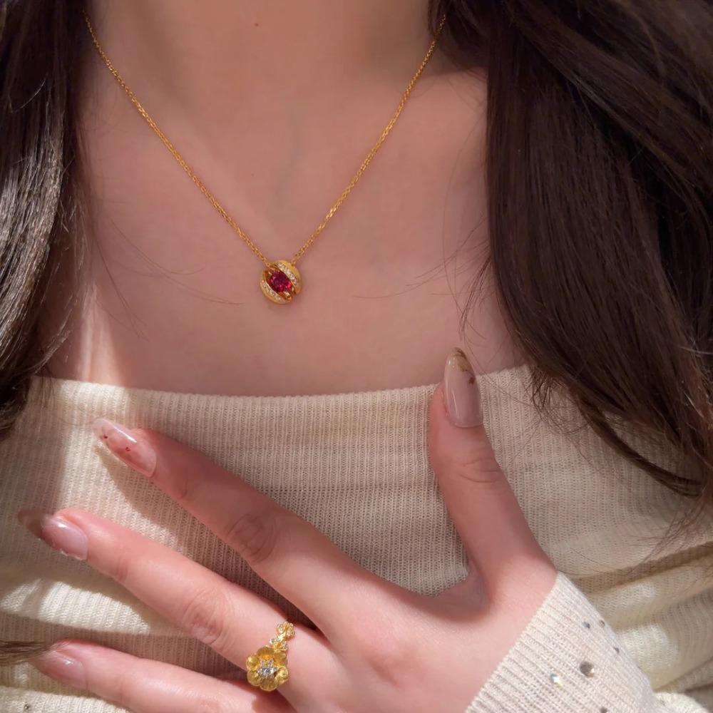 Elegant Suspended Ruby Necklace Women Premium Red Corundum Pendant Fashionable Planet Design