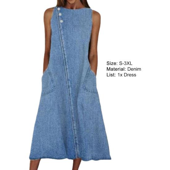 Round Neck Sleeveless Pockets Summer Dress Solid Color Women Midi Denim Dress