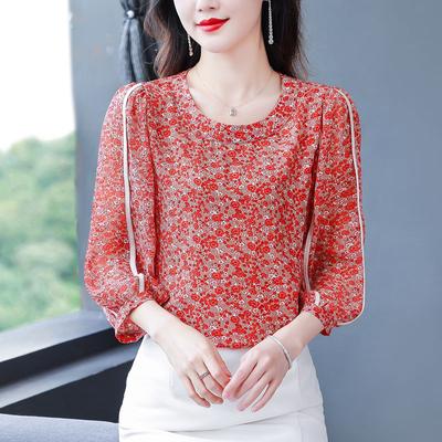 Spring Summer New Fashion Round Neck Loose Top Slim 3/4 Sleeve Floral Chiffon Shirt Women Casual Pullovers Commute Shirt
