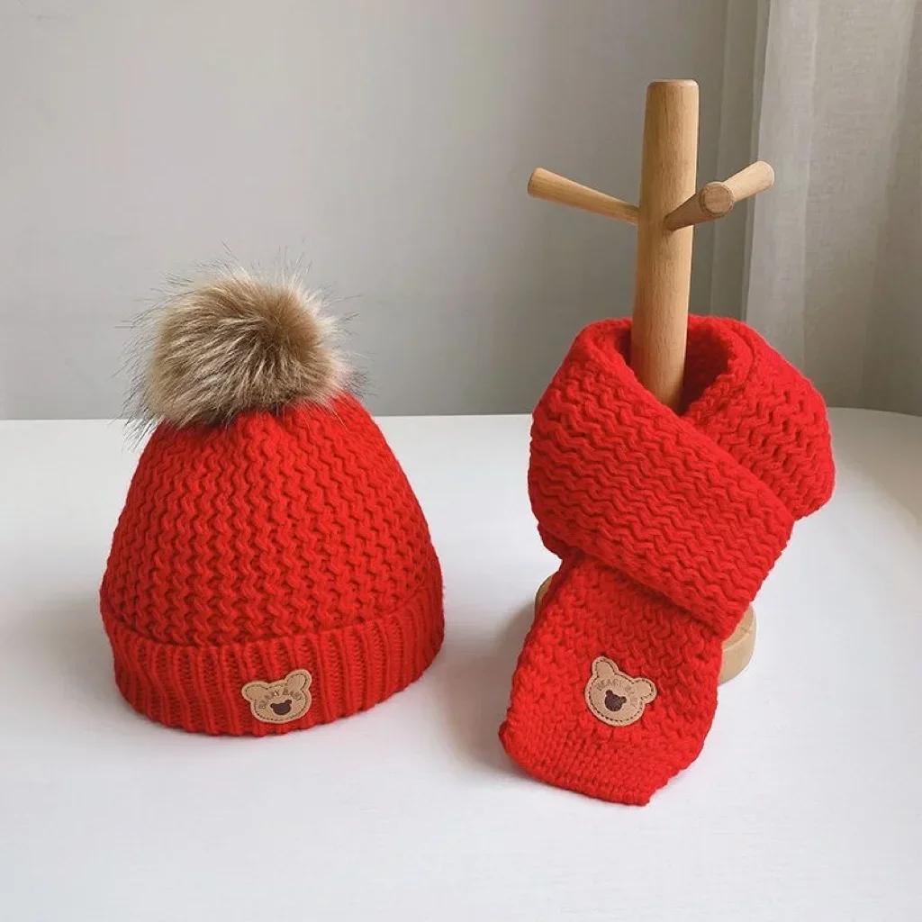 Autumn Winter 2Pcs Newborn Baby Hats Scarf Acrylic Cute Bear Beanies Warm Infant Knitted Hats For Baby Boys Girls 0-6 Years Old