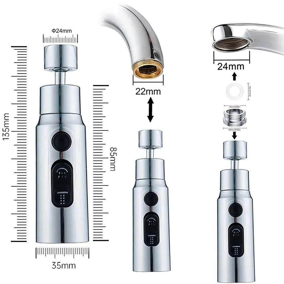 Prodloužení kuchyňské baterie 3 režimy Koupelnový rozprašovač proti stříkající vodě Otočný perlátor baterie o 360° Domácí prodloužený sprchový sprejový filtr