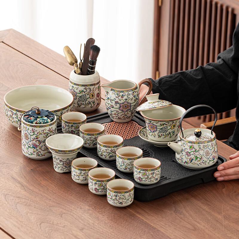 Ru Kiln Kung Fu Tea Set with Floral Xishi Teapot