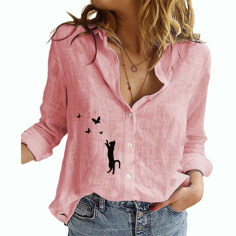 

Женская модная рубашка с принтом кота, женская повседневная хлопковая льняная рубашка с длинным рукавом, свободные блузки на пуговицах больших размеров S розовый