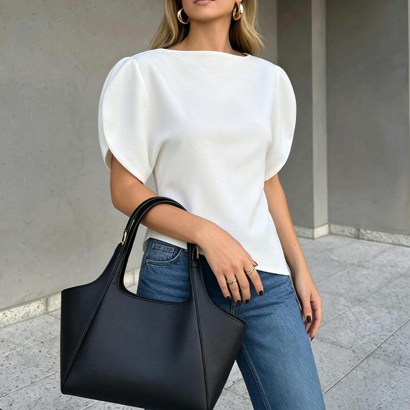 Spring women s clothing, European and American women s clothing, daily casual loose bubble sleeves solid color tops S белый