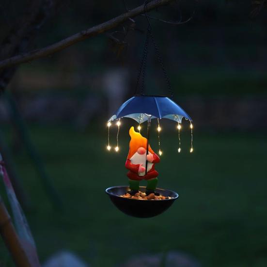 Solar Bird Feeder LED Light Outdoor Bird Feeder Frog or Dwarf Holding Umbrella Bird Feeder for Garden Backyard Decoration