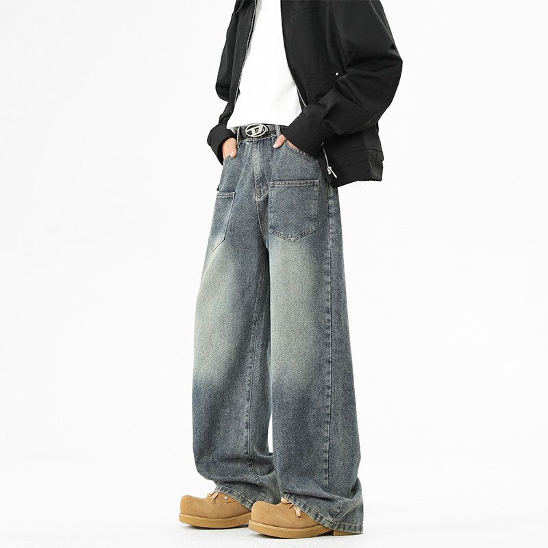 Wassup Trendy Retro Washed Distressed Jeans for Men, Loose Fit, Cool Gradient Color Casual Wide-Leg Straight Pants