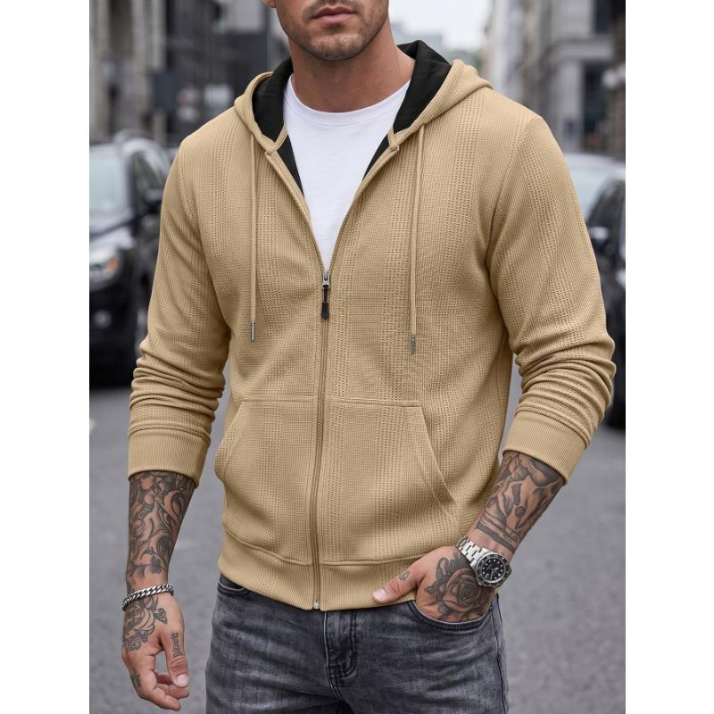 Men S Textured Waffle Knit Hooded Pocket Cardigan Sweatshirt
