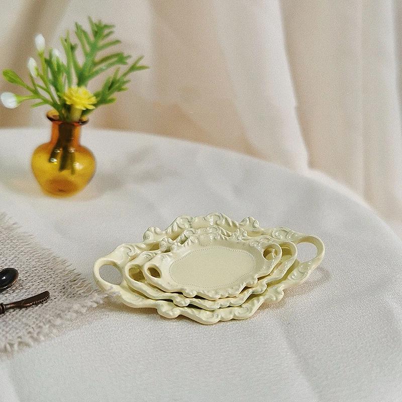 [JN] 3Pcs Simulation Dollhouse Double Ear Plate Mini Dessert Elliptical Plate Miniature Kitchen Dishes Toys For Doll House Decor