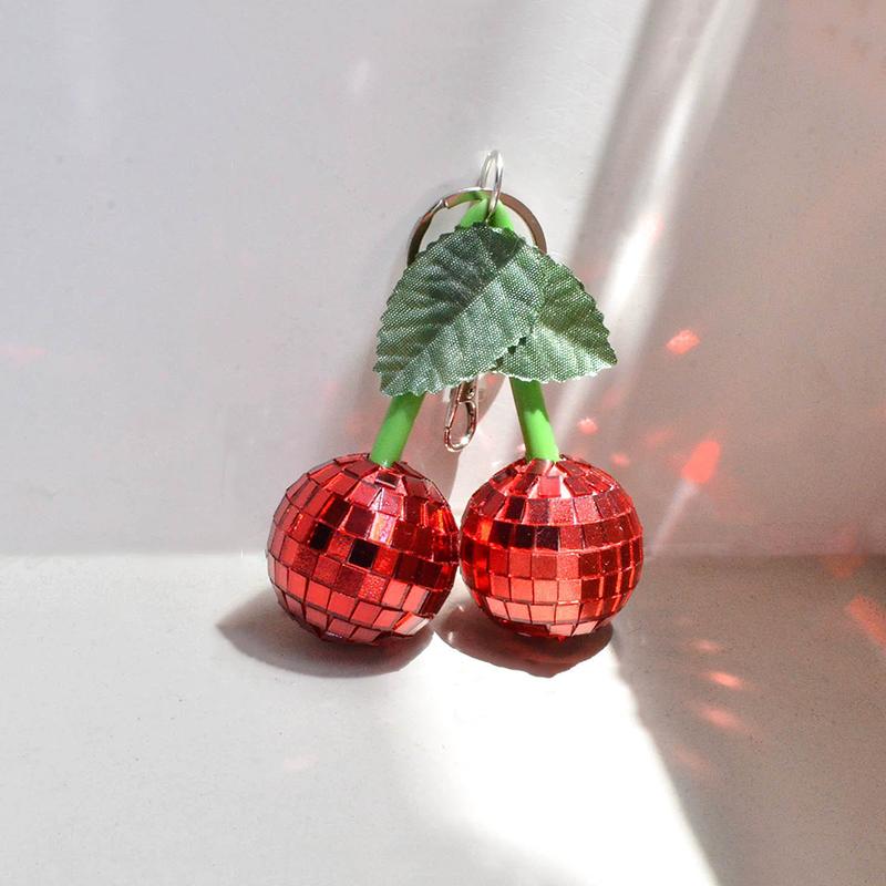WTEMPO Green Leaves Cherry Shaped Keychains Mini Disco Balls Keychains Car Key/Door Key/Bag/ Backpack Keychain Pendents Festive Home Decor Ornaments