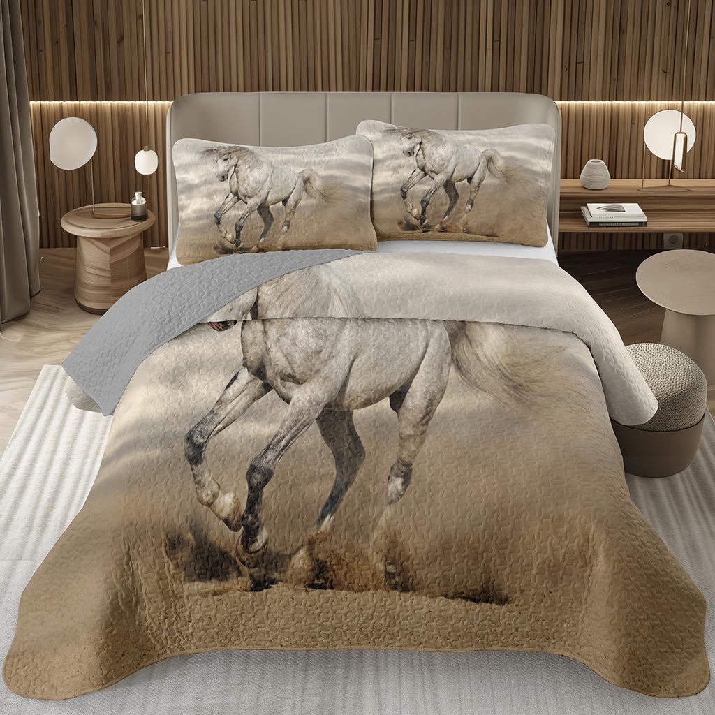 Wild Horse Bedspread Queen/Full Galloping Horse Pattern Quilted Bedding Set Farm Animal Coverlet Set Reversible Rustic Bed Cover