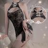 Women's Vintage Mandarin Collar Qipao Sheer Mesh Jacquard Lace Backless Costume Set