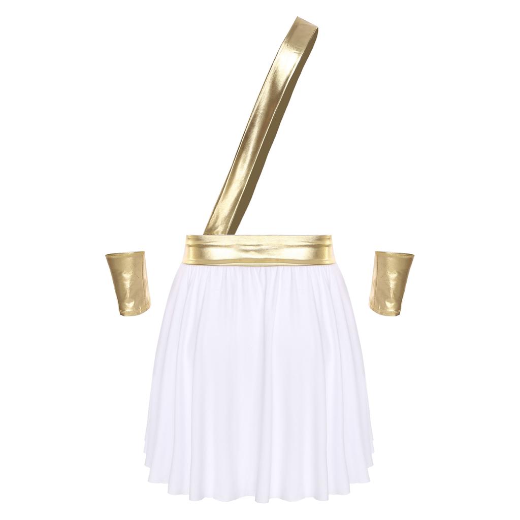 Mens Love God Costume Elastic Waist Contrast Color Heart Design Asymmetrical Skirt Metallic Sash Cuffs Set