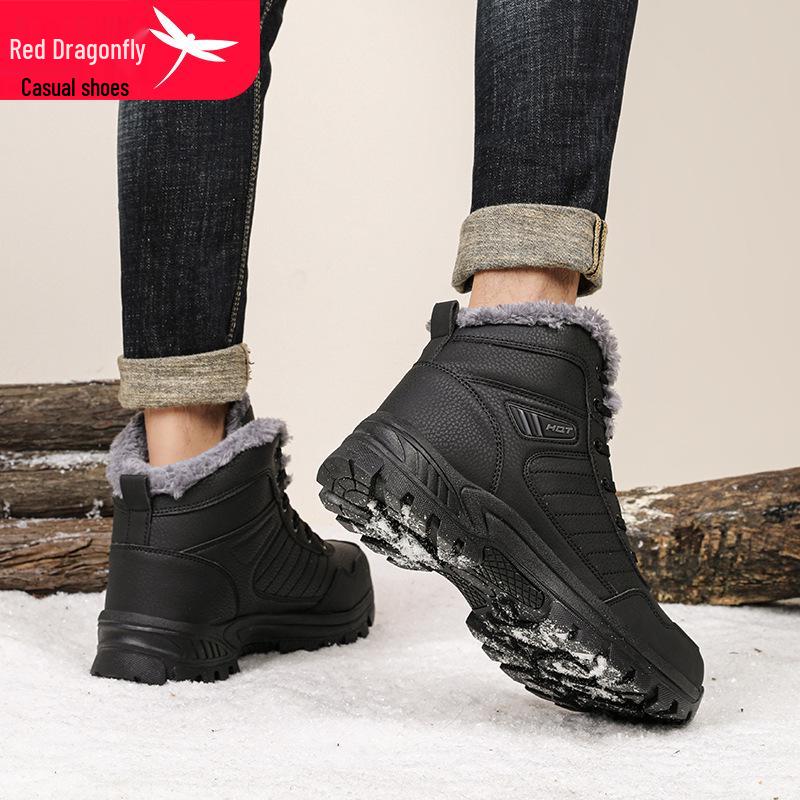 Red Dragonfly Men's High-Top Winter Snow Boots - Warm, Thickened Velvet, Non-Slip Sole, Casual Style.
