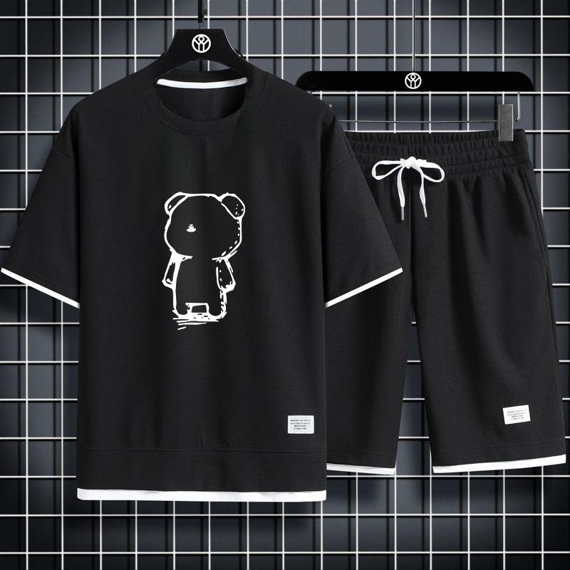 Men s Sets Waffle Summer Casual T Shirt + Shorts Suit Basketball Tracksuit Letter Print Solid Color Tracksuit Loose Suit S
