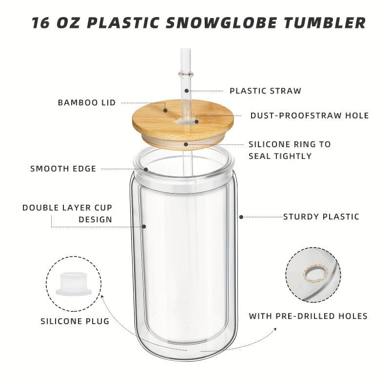 6PCS 16oz Clear Plastic Cup Bamboo Lids Straw Cup Double Wall Snow Globe Tumbler Pre-Drilled Water Bottle Mason Jar Mug Drinking