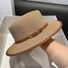 British Style Flat Top Fashion PU Leather Belt Buckle Straw Hat Female Casual Boater Straw Woven Sun Hat
