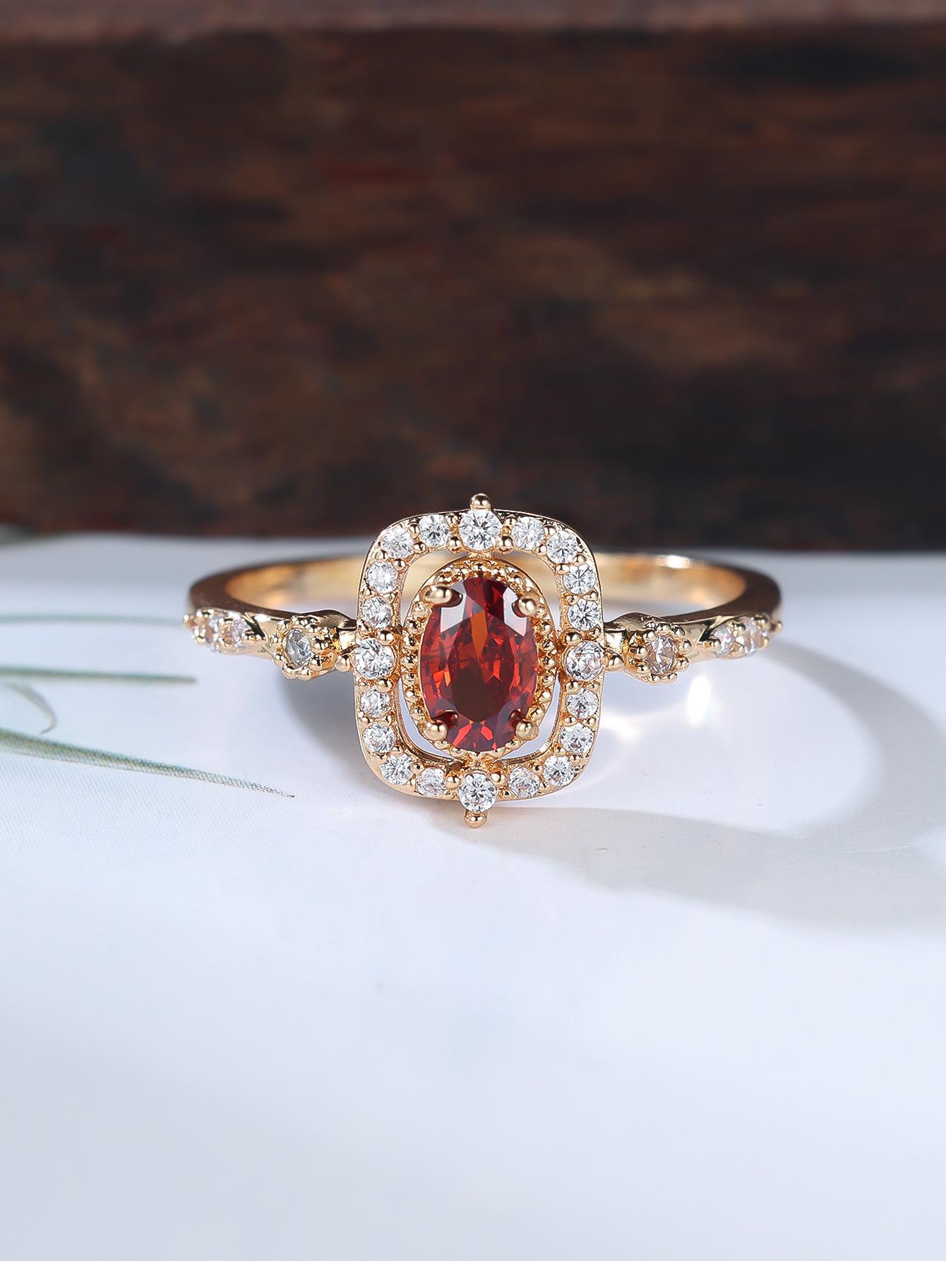 

Wangstyle gold egg-shaped pomegranate red slightly inlaid white diamond ring girl gift No. 10