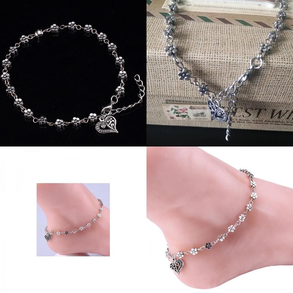 Elegant Women Bead Chain Anklet With Heart And Flower Design For Beach Fashion Jewelry