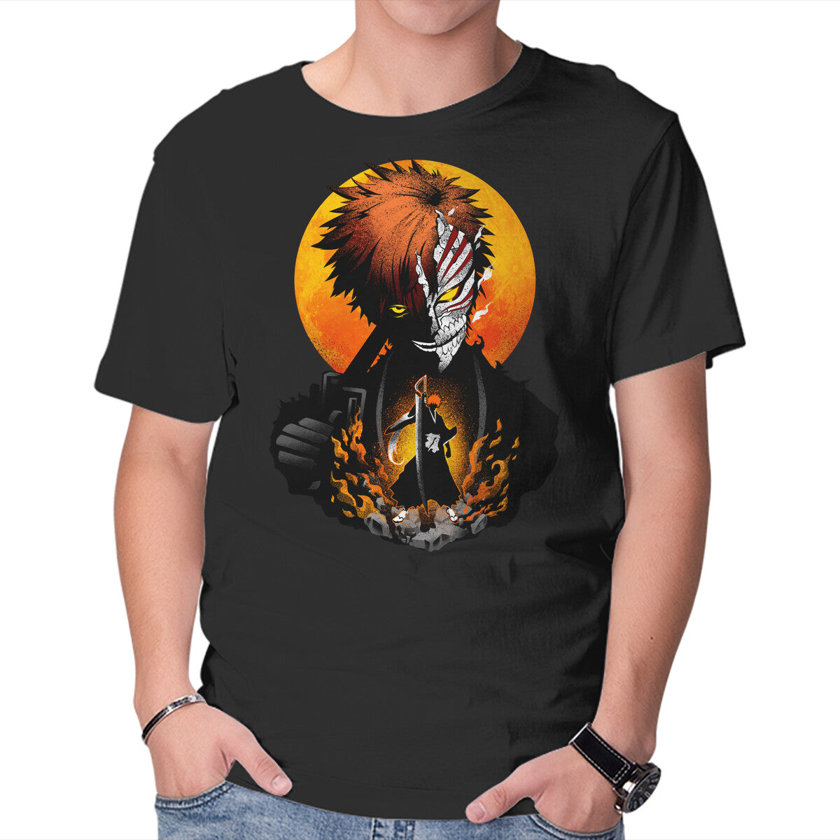 Unisex Crew Neck T-Shirt Hollow Mask Ichigo Graphic Short Sleeve Casual Tee XL