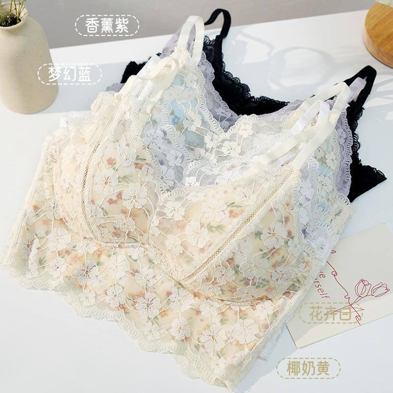 Romantic Floral Lace Beautiful Back Small Chest Gathering No Steel Ring Bra Fixed Cup Upper Support Sweet Temperament Bra Underwear