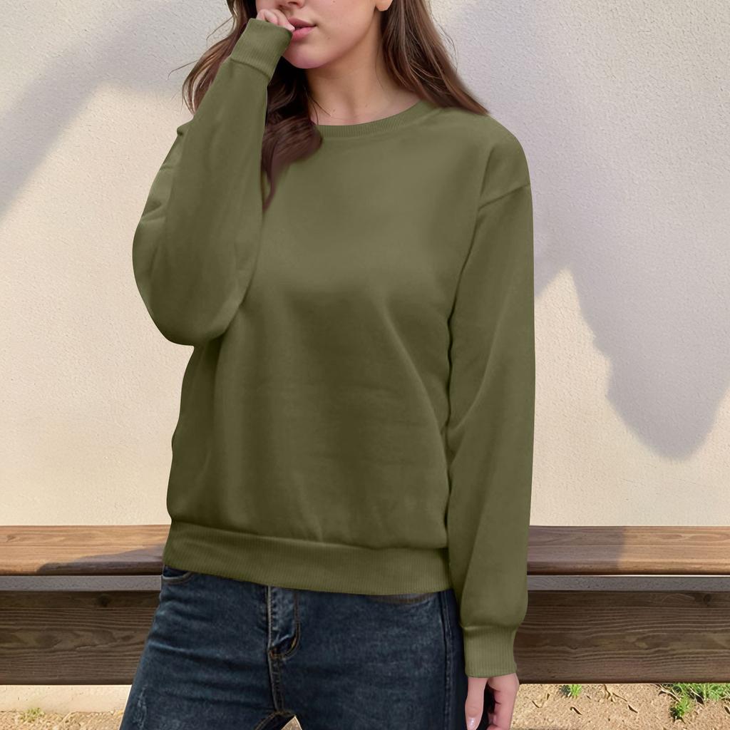 Dámský ležérní módní top jednobarevný s kulatým výstřihem a dlouhým rukávem