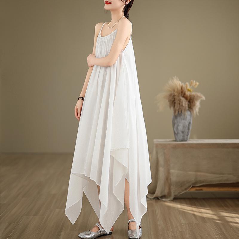Summer Literary Loose Spaghetti Strap Tank Dress with Irregular Hem