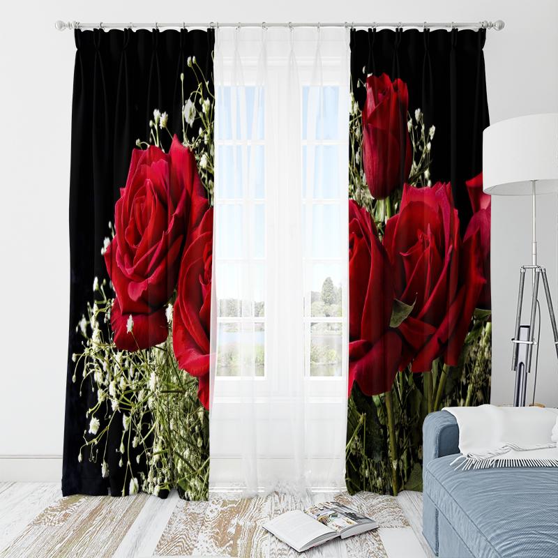 2 Stück - Schwarzer Grund rote Rose Polyester Vorhänge, Badezimmer, Schlafzimmer, Wohnzimmer und Familienzimmer dekorative Vorhänge