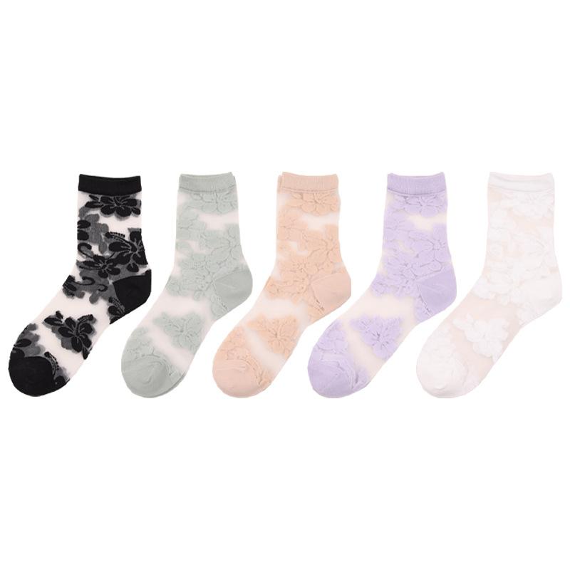 Ladies Spring and Summer New Glass Silk Transparent Lovely Big Flower Crystal Silk Socks