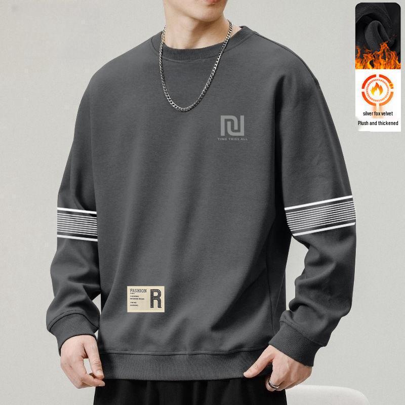 Men's Autumn & Winter Versatile Loose Hoodie with Round Neck, Plus Velvet Style, Trendy Casual Pullover Base Layer T-Shirt