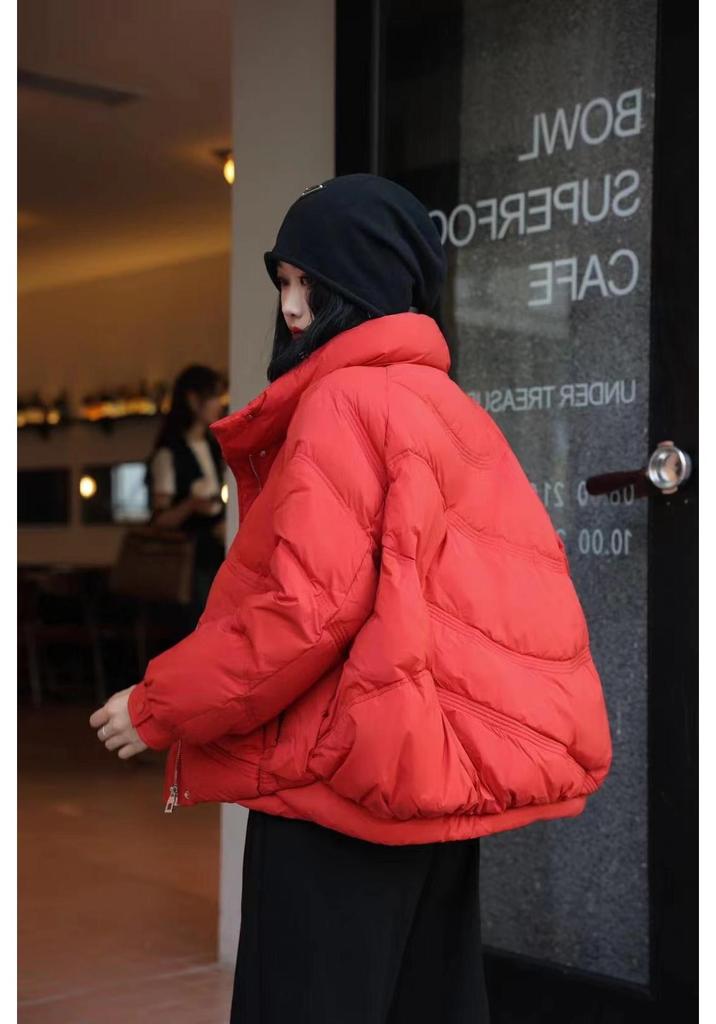 2024 Winter Women's Casual Retro Loose Stand Collar Patchwork White Duck Down Jacket